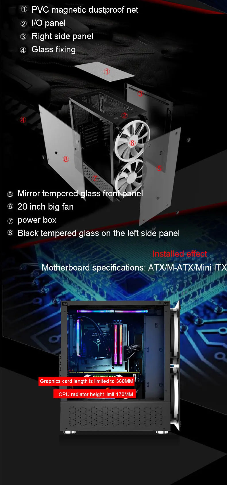 Desktop Computer Game Case RGB Colorful DIY Tempered Glass Water-Cooled Gaming Internet Cafes  Dustproof With 20cm Large Fan