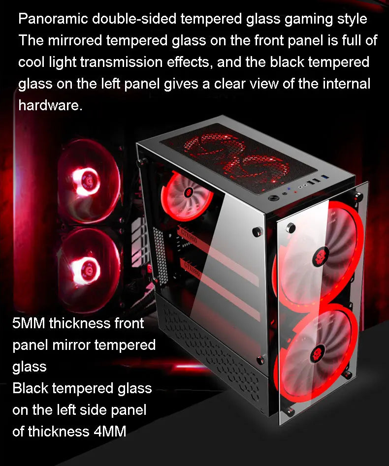 Desktop Computer Game Case RGB Colorful DIY Tempered Glass Water-Cooled Gaming Internet Cafes  Dustproof With 20cm Large Fan