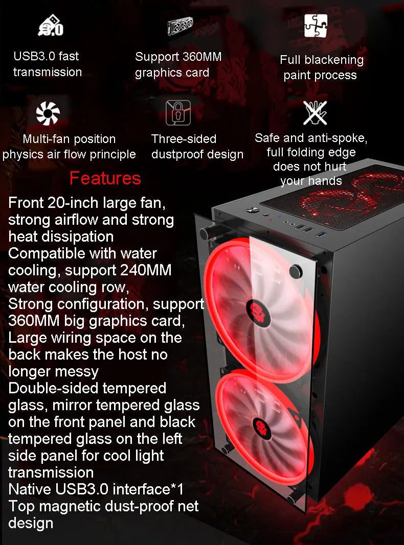 Desktop Computer Game Case RGB Colorful DIY Tempered Glass Water-Cooled Gaming Internet Cafes  Dustproof With 20cm Large Fan