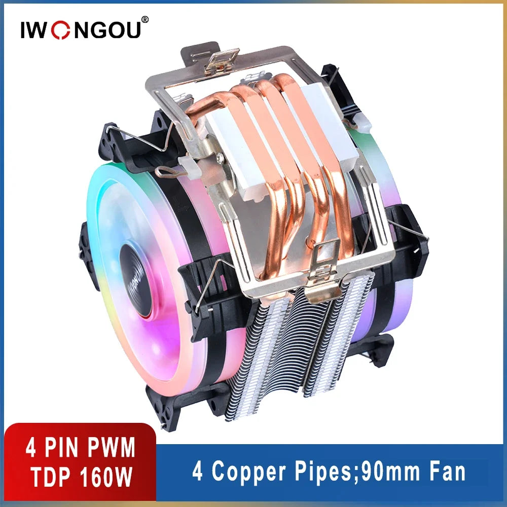 Cpu Cooler Am4 4pin 90mm RGB Cooling Cpu Fan IWONGOU Air Cooler X99 4 Heatpipes Radiator for Intel Lga2011v3 1200 1155 1700 AMD