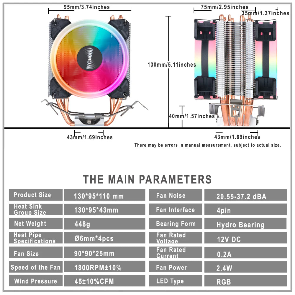 IWONGOU Cooling Cpu 4 Heatpipes 4pin Silent CPU Fan 90mm RGB 2011 Cooler X99 Tower Radiator for Intel Lga 1200/1366/1700/AMD/AM4