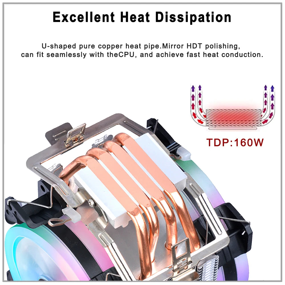 IWONGOU Cooling Cpu 4 Heatpipes 4pin Silent CPU Fan 90mm RGB 2011 Cooler X99 Tower Radiator for Intel Lga 1200/1366/1700/AMD/AM4