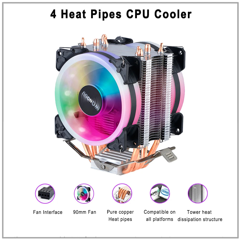 IWONGOU Cooling Cpu 4 Heatpipes 4pin Silent CPU Fan 90mm RGB 2011 Cooler X99 Tower Radiator for Intel Lga 1200/1366/1700/AMD/AM4