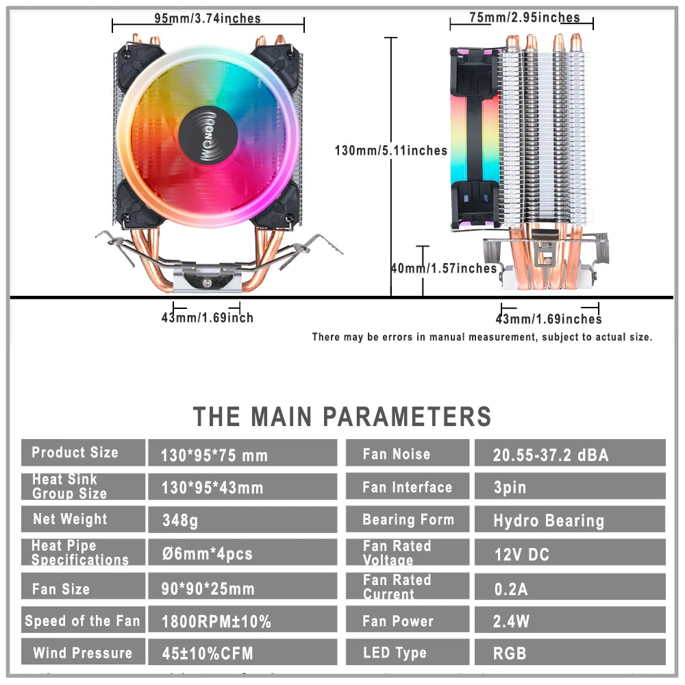 IWONGOU Cooling Cpu 4 Heatpipes 4pin Silent CPU Fan 90mm RGB 2011 Cooler X99 Tower Radiator for Intel Lga 1200/1366/1700/AMD/AM4