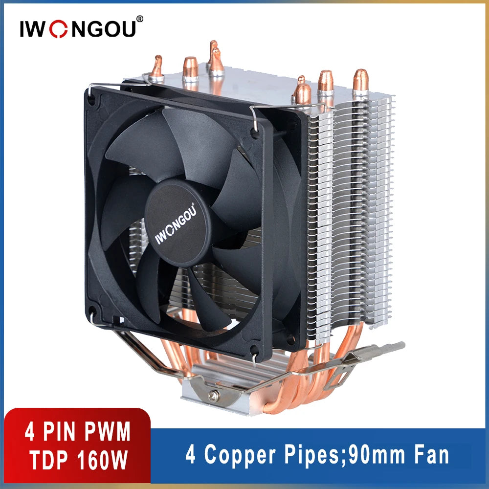 IWONGOU Cooling Cpu 4 Heatpipes 4pin Silent CPU Fan 90mm RGB 2011 Cooler X99 Tower Radiator for Intel Lga 1200/1366/1700/AMD/AM4